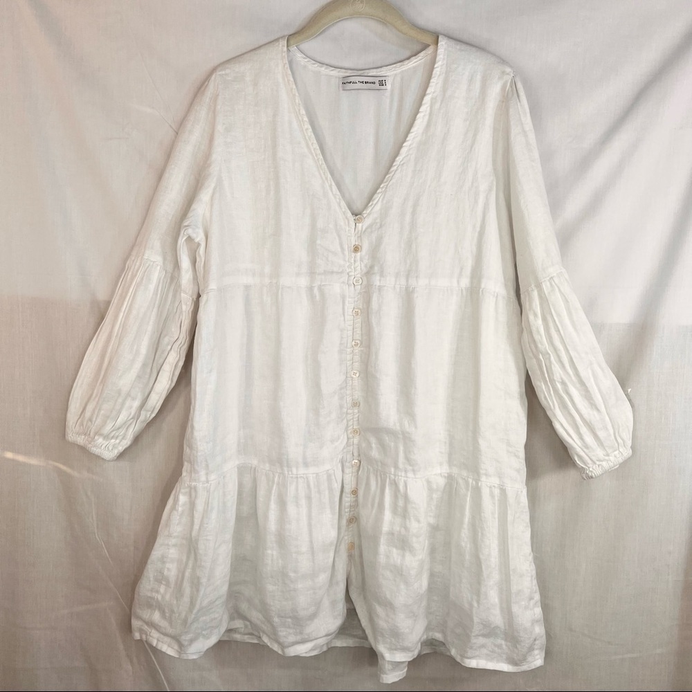 FAITHFUL The BRAND Dija Mini Dress 100% Linen White LongSleeve Sz 4 S Lagenlook - Picture 4 of 12